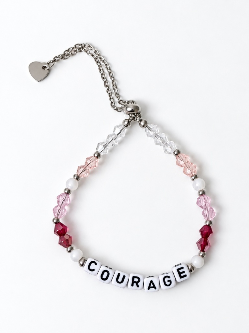 Courage Silver & Pink Beaded Heart Bolo Bracelet | Cancer Support Fundraiser NEW